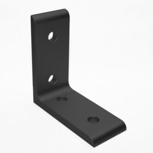Black L-shaped metal mounting bracket with multiple screw holes for wall or shelf mounting, shown at an angle in white background