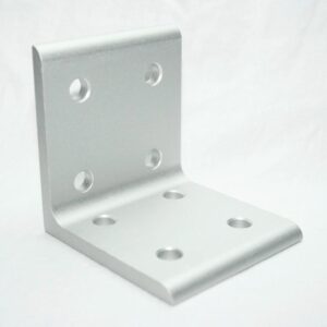 Silver L-shaped metal mounting bracket with several screw holes on both faces, used for joining two surfaces.