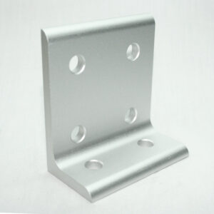 Silver metal L-shaped mounting bracket with multiple holes for screws, shown at a right angle on a white background