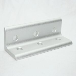Silver metal L-bracket with multiple mounting holes (vertical plate and base) for wall shelves or supports, viewed in profile on a light background.