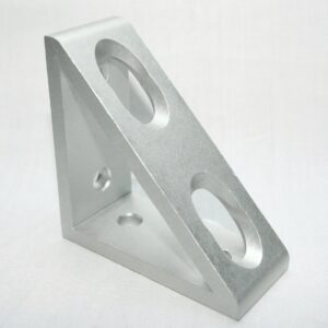Silver metal mounting bracket with triangular profile and three circular holes (two large, one small). - Informative hardware part centerpiece.