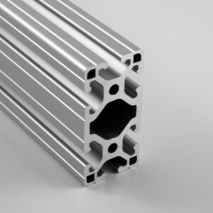 Aluminum extrusion with T-slot cross-section, used for modular framing in constructions and machinery.