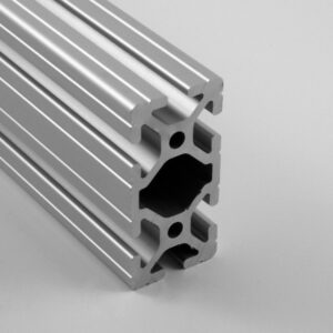 Aluminum T-slot extrusion for industrial framing, showing multiple grooves and hollow center.