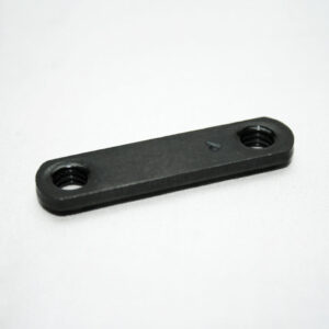 Black metal spacer bar with two threaded holes at each end, used to join components apart.