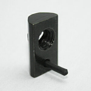 Black rectangular mounting bracket with a circular hole in the center and a short lever extending from the bottom on a white surface.