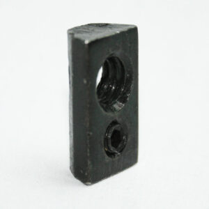 Black rectangular metal block with a large through-hole and a smaller threaded hole on one face (two-hole mounting piece).