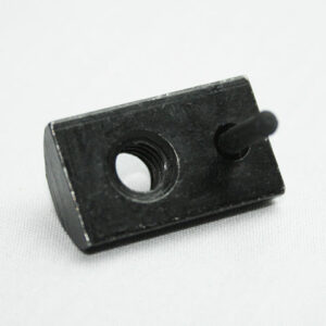 Small black rectangular mechanical part with a central threaded hole and a short cylindrical pin on the side.