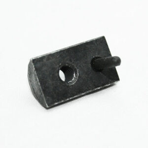 Small black rectangular metal block with a threaded hole and a short cylindrical pin on one end (mechanical connector).