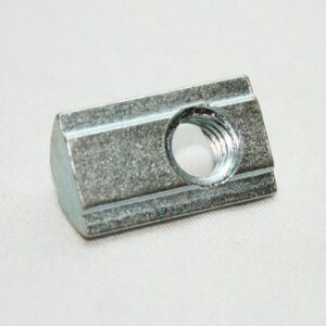 Rectangular silver metal block with a centered threaded through-hole, likely a mounting nut or insert piece for hardware.
