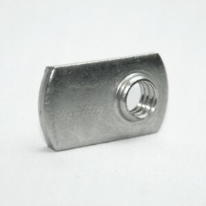 Silver metal cylindrical nut with internal threads on a white background