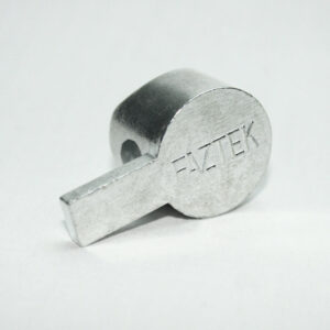 Silver metal key-shaped component with a round head engraved with 'EVZTEK' on a white background.