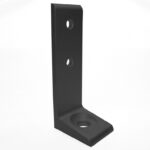 Black metal L-bracket with two vertical mounting holes and a base hole for wall-to-shelf support