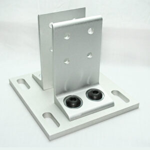Aluminum mounting bracket with a base plate featuring two slotted holes and a vertical support plate with four punched holes, designed for surface mounting.