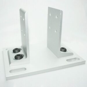 Silver metal mounting bracket with two vertical plates attached to a flat base with hole openings for bolts and grommets