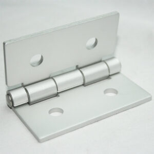 White metal hinge with knuckle joints lying flat on a white base plate with screw holes, photographed from the side.