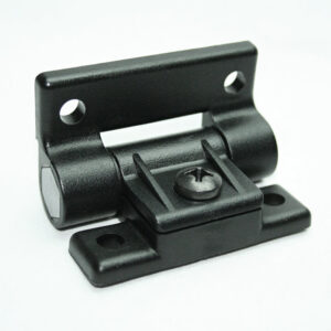 Black metal mounting hinge with two screw holes and a central screw, on a flat base