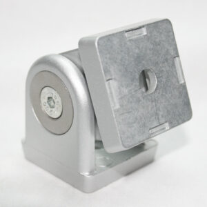 Silver adjustable mounting bracket on a base with a square plate and central hole, likely for attaching a device or accessory in a camera/gear setup.