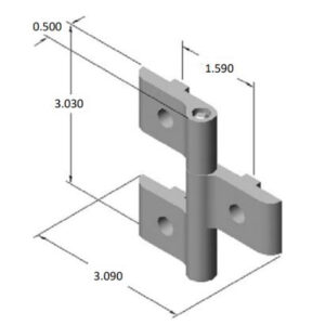 Isometric view of a metal bracket/connector with two perpendicular arms and a central cylindrical post, featuring two mounting holes. Dimensions shown: overall width about 3.090 units, height about 3.030 units, arm thickness 0.500, post height 1.590, indicating a hinge-like connector.