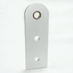 Silver metal plate/bracket with three evenly spaced circular holes and a rounded top with a small hole inside the top end.