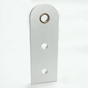 Silver metal plate/bracket with three evenly spaced circular holes and a rounded top with a small hole inside the top end.