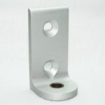 Silver L-shaped metal mounting bracket with two circular holes on the upright and a larger hole at the base, used for fastening components.