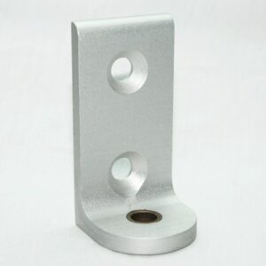 Silver L-shaped metal mounting bracket with two circular holes on the upright and a larger hole at the base, used for fastening components.