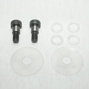 Two short metal bolts with knurled heads and threaded ends, plus white plastic washers of various sizes laid out on a light background—likely a mounting hardware kit for spacers and bushings.