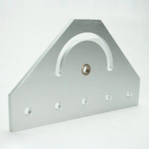 Silver metal triangular mounting bracket with a curved handle cutout and five holes along the bottom edge for mounting.