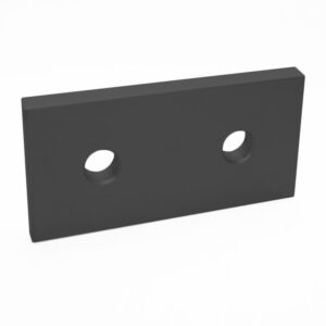 Dark rectangular metal plate with two circular holes seen in perspective.