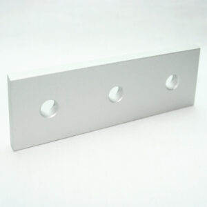 Silver metal rectangular plate with three evenly spaced through-holes on a pale background.