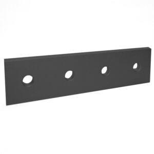 Long flat metal strip with four evenly spaced circular holes, viewed at an angle in perspective.