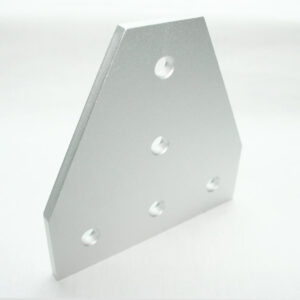 15JP4506_3__editedjpg | Faztek Industrial Solutions Silver metal L-shaped plate with five circular holes drilled through it, standing on a white surface.