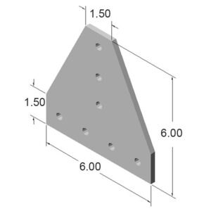 15JP4516_2jpg | Faztek Industrial Solutions Isometric view of a triangular plate with 6 by 6 dimensions and 1.5 thickness, featuring multiple through-holes along its face.