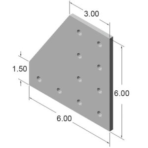 15JP4522_2jpg | Faztek Industrial Solutions Grey triangular/trapezoidal plate with nine evenly spaced holes; dimensions show 6.00 by 6.00 base, thickness 1.50, top width 3.00, right height 6.00.