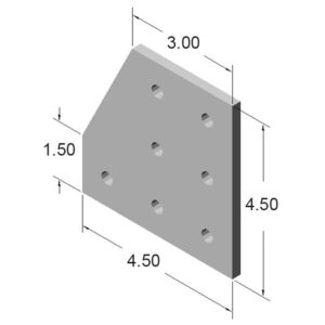 15JP4523_2jpg | Faztek Industrial Solutions Isometric view of a gray perforated mounting plate with seven holes and dimensions shown (4.50 x 4.50 base, 3.00 top, 1.50 thickness).
