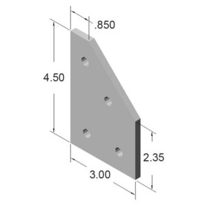15JP4529_2jpg | Faztek Industrial Solutions Isometric view of a gray mounting plate with a beveled top edge and four through-holes, showing dimensions: 3.00 wide, 4.50 tall, top thickness .850, and right-edge thickness 2.35.