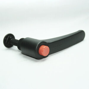 Ergonomic black lever with a pink push button at the tip and a threaded mount, likely a quick-release clamp accessory.