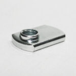 Small chrome mounting plate with a threaded insert on top, resting on a white background.