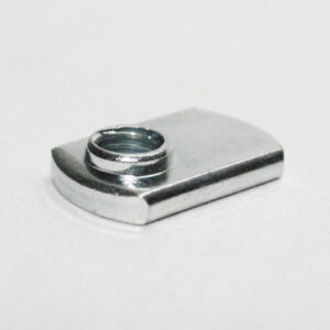 Small chrome mounting plate with a threaded insert on top, resting on a white background.