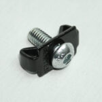 Small black metal clamp with a silver hex-headed screw and threaded bolt on a light background, close-up image