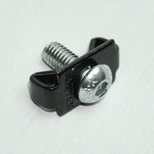 Small black metal clamp with a silver hex-headed screw and threaded bolt on a light background, close-up image