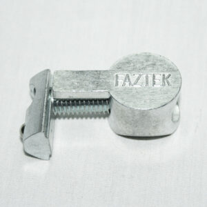 Small silver metal clamp with a threaded screw and a curved jaw, engraved FAZTEK.