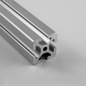 Silver aluminum extrusion rail with a T-slot profile for modular framing (close-up)