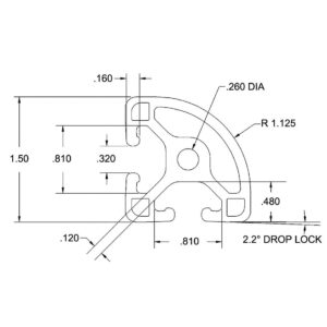 Cross-section CAD drawing of an irregular curved extrusion with internal pockets, slots, and a 0.260 in hole, with multiple dimension callsouts and a 2.2° drop‑lock.