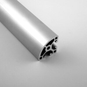 Close-up of a silver aluminum extrusion tube end, showing a hollow center and ribbed internal structure.