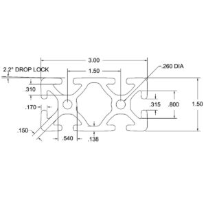 Engineering drawing of an extruded profile with multiple T-slots, two circular holes, and a central cavity; overall width 3.00 in and height 1.50 in, with a 0.260 in diameter hole and various dimensional annotations.