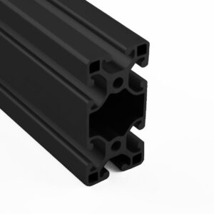 Close-up of black anodized aluminum extrusion with T-slot channels for modular framing.
