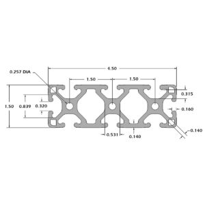 Cross-section drawing of a modular T-slot aluminum extrusion with multiple chambers and dimensions (4.50 overall length, 1.50 spacing between slots).