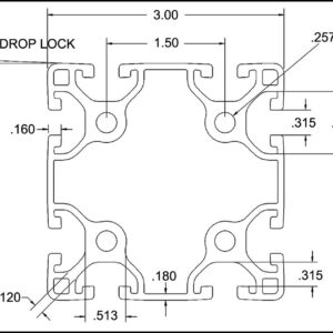 Cross-section of an aluminum extrusion with multiple T-slots and two circular holes (0.257 in dia); overall width 3.00 in, height 0.790 in, with a drop-lock at the top left.