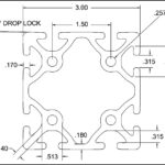 Cross-sectional engineering drawing of a symmetrical extrusion profile with interlocking lobes, two internal holes, and multiple grooves. Overall width 3.00 inches; two Ø0.257 inch holes; bottom inner groove and side slots with dimensions noted (e.g., .790 inch vertical, .315 inch horizontal) and various radii/thickness calls.